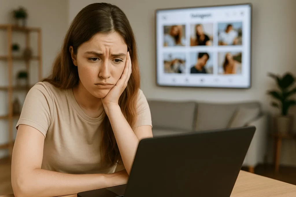 Criadora de conteúdo frustrada diante do notebook com Instagram aberto no fundo