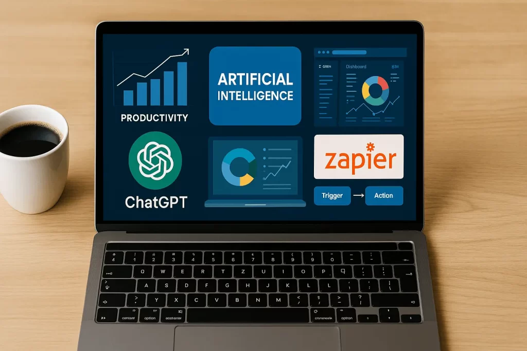 Tela de laptop exibindo ferramentas de inteligência artificial para negócios sobre mesa com café
