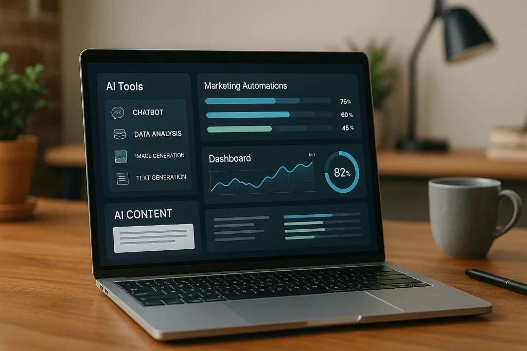 Laptop com ferramentas de IA para automação e produtividade no marketing digital.