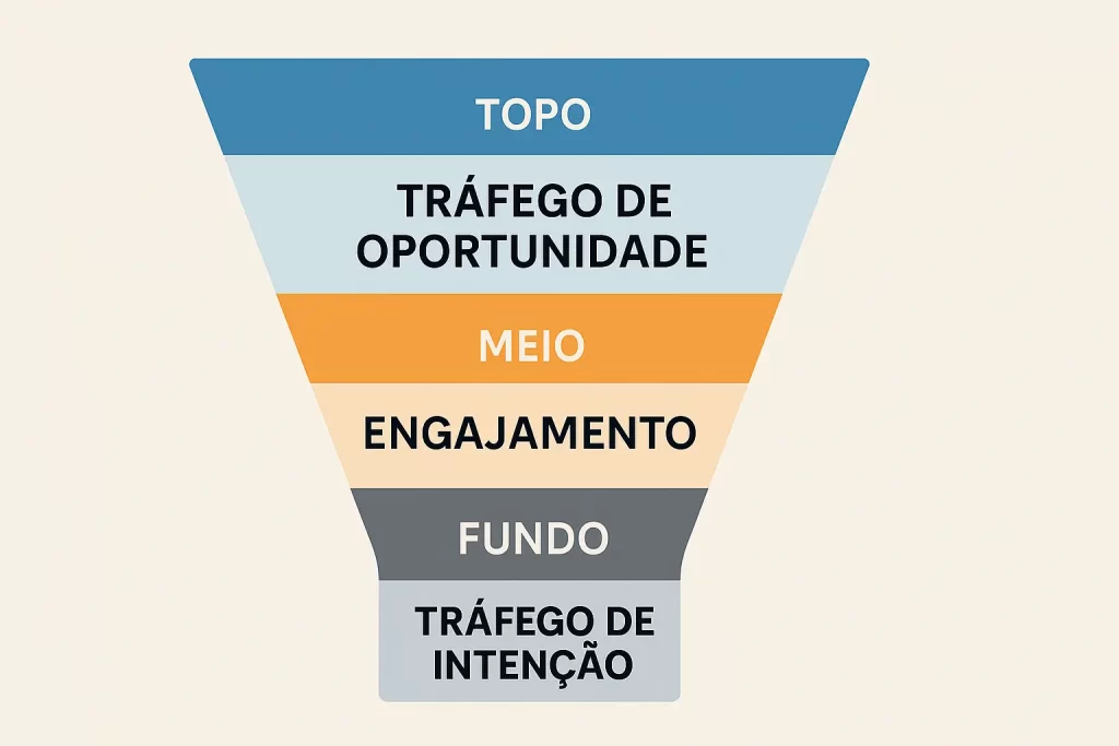 Infográfico do funil de vendas com tráfego de oportunidade e tráfego de intenção.