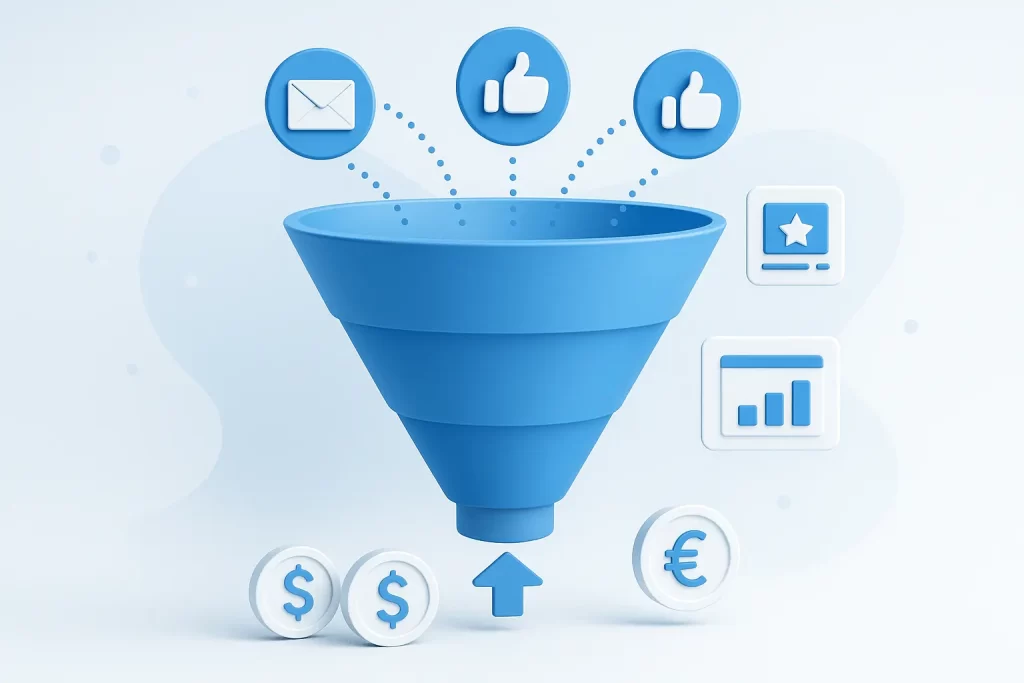 Diagrama de funil de vendas com IA integrando automações de e-mail e redes sociais.