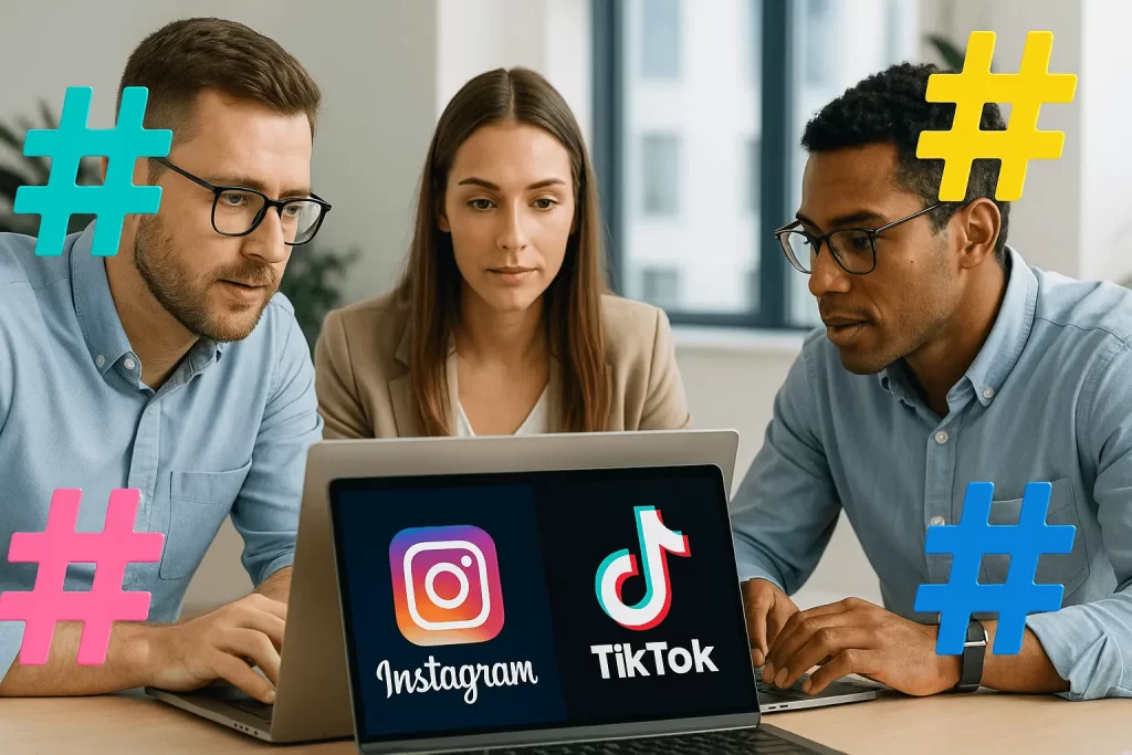 Profissional de marketing digital analisando hashtags para redes sociais em 2025.