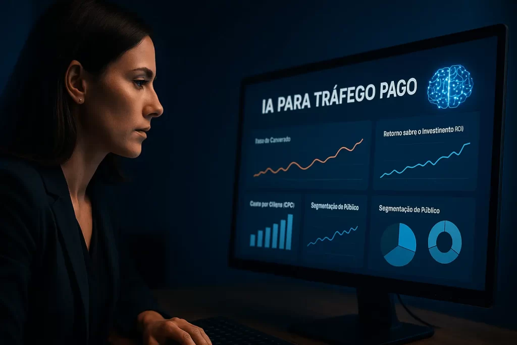 Executiva analisando gráficos de performance com ferramentas de IA para tráfego pago.