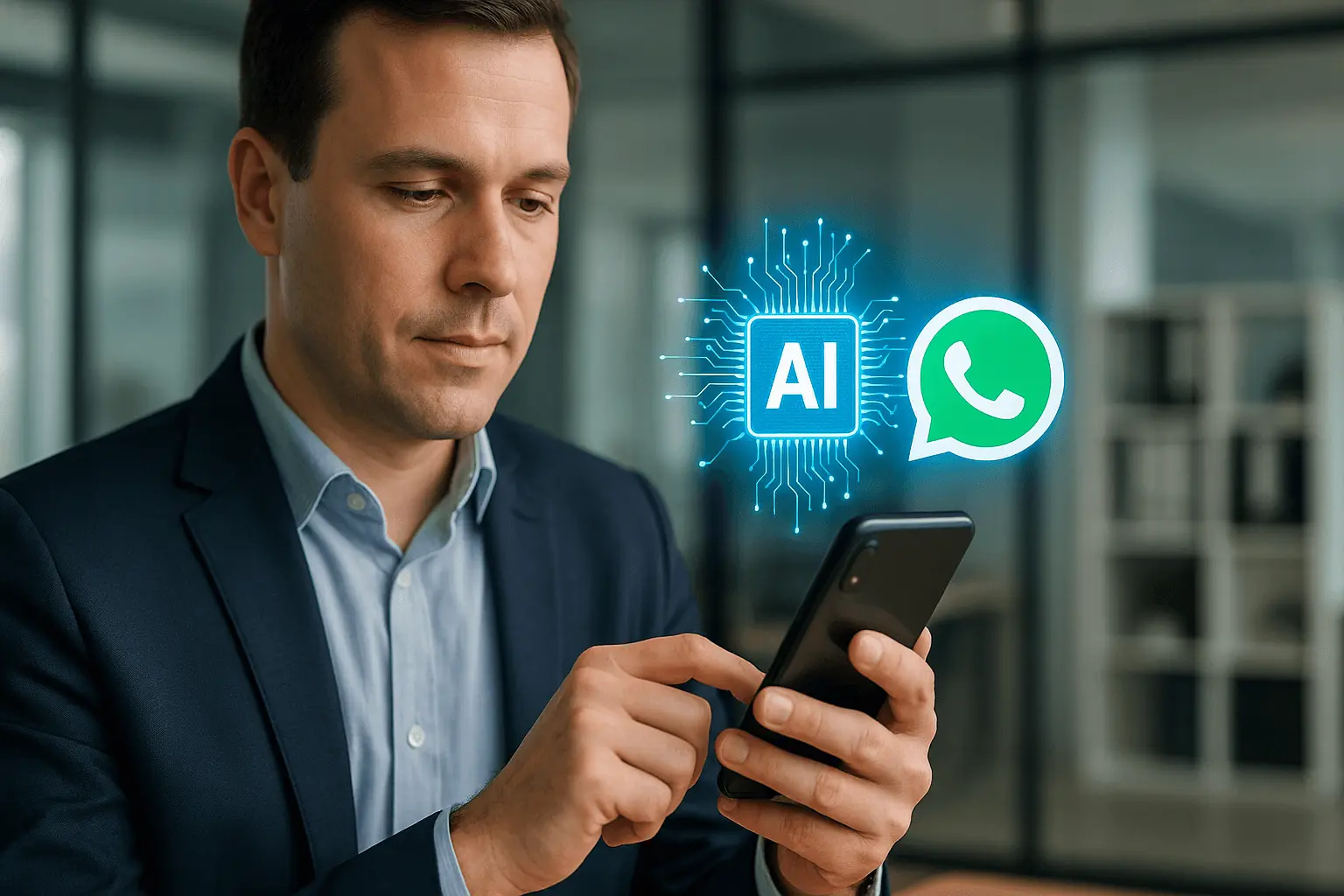 Pessoa usando IA no WhatsApp com hologramas digitais flutuando em um escritório moderno.