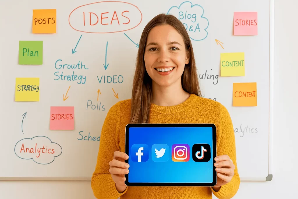 Mulher planejando conteúdo com anotações em quadro branco