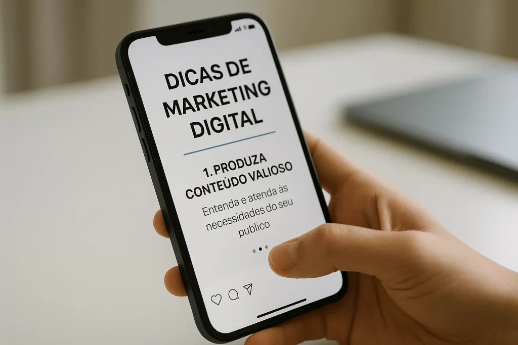 Tela de smartphone com carrossel de dicas de marketing digital em redes sociais.