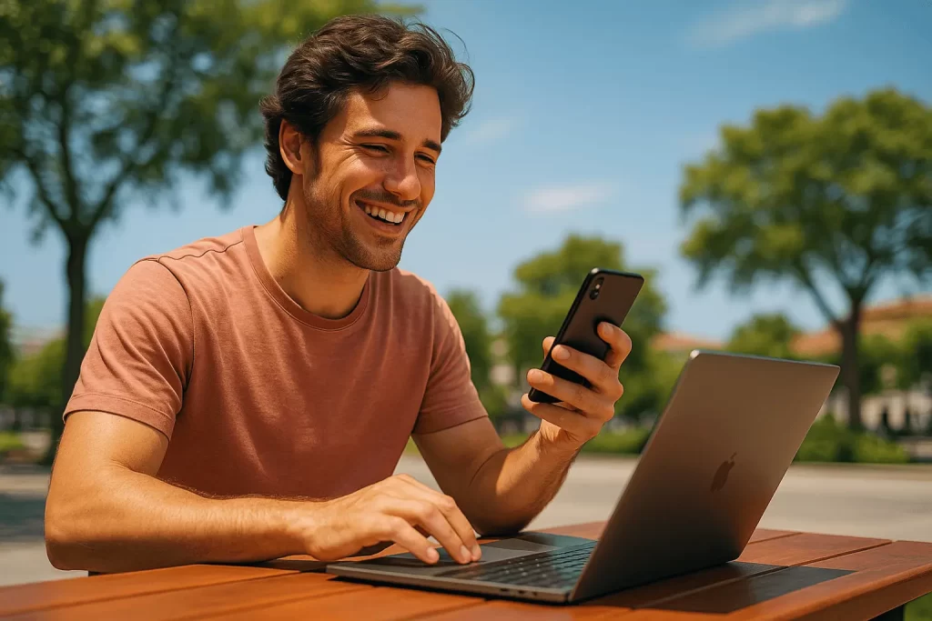 Empreendedor digital trabalhando remotamente com automações de IA, curtindo a vida.