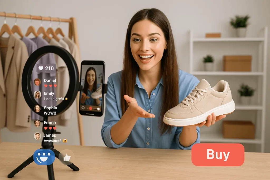 Influenciador mostrando produtos durante live commerce com interface de compra nas redes sociais.