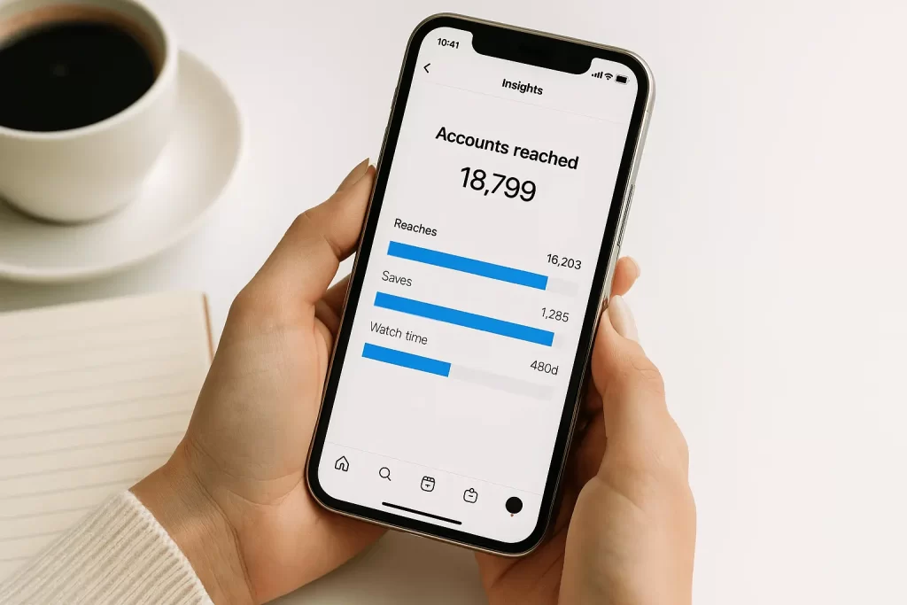 Celular com métricas de engajamento do Instagram em 2025 exibidas na tela
