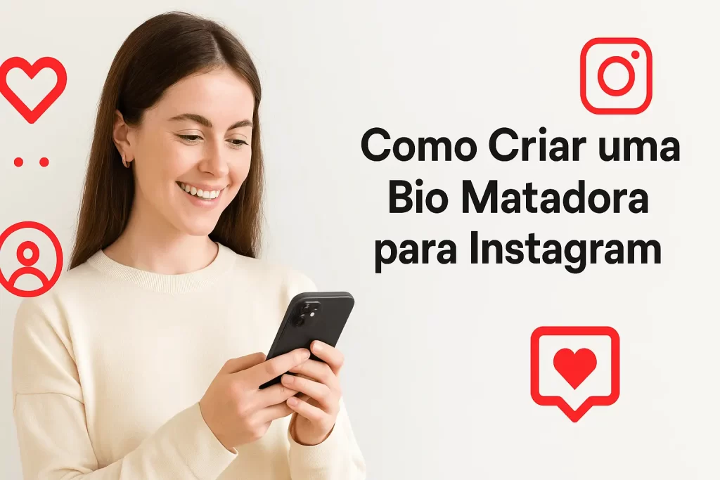 Mulher segurando celular editando a bio do Instagram em ambiente claro.