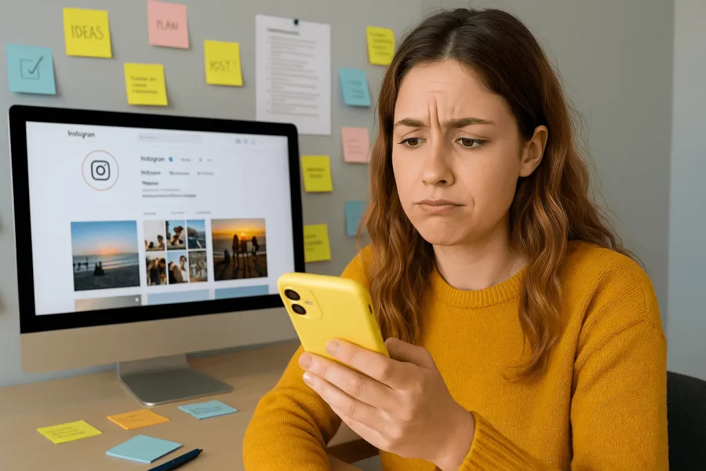 Pessoa com bloqueio criativo tentando criar conteúdo para redes sociais