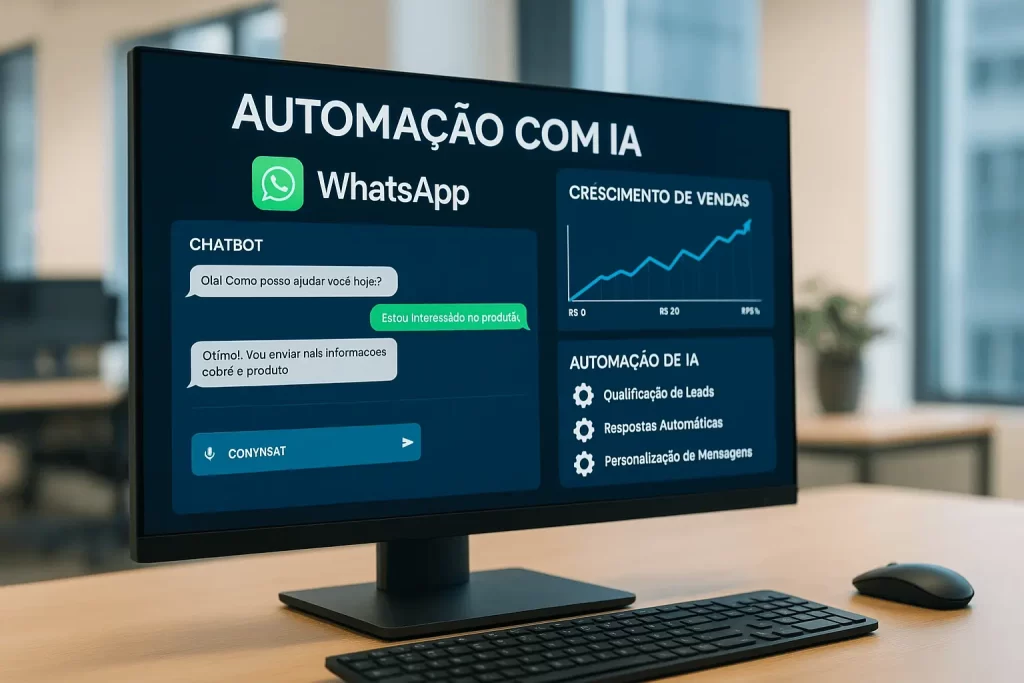 Painel de automação com IA e WhatsApp mostrando crescimento nas conversões.