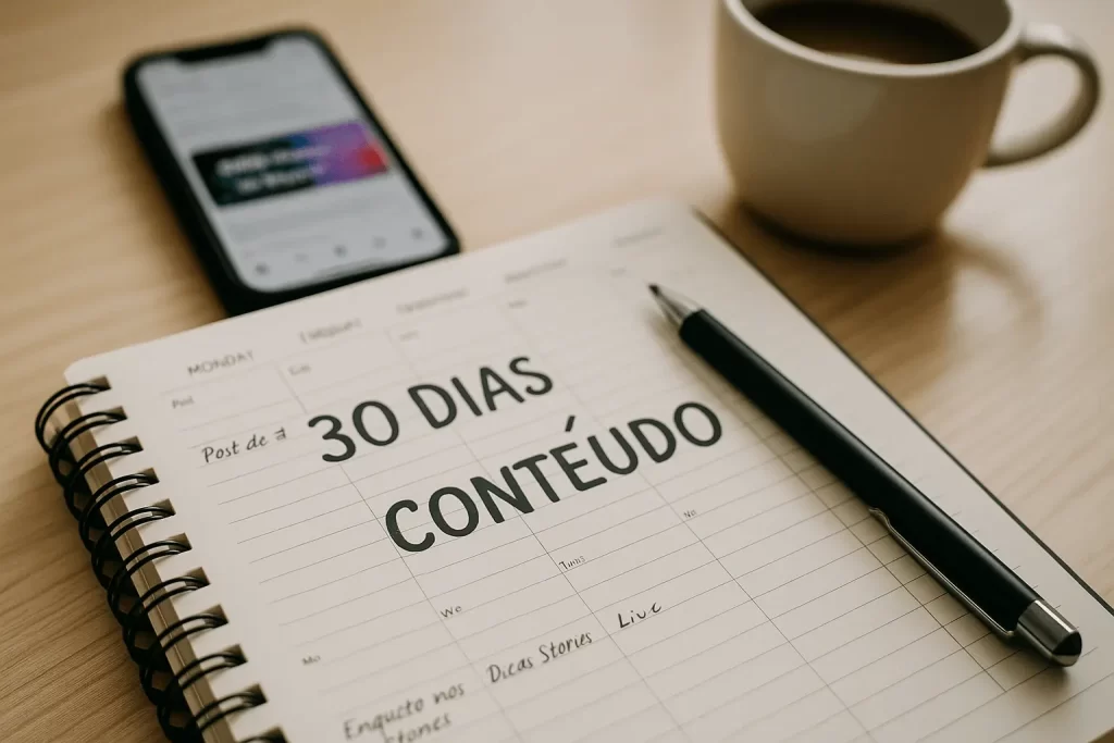 Planner com cronograma de conteúdo feito à mão para redes sociais