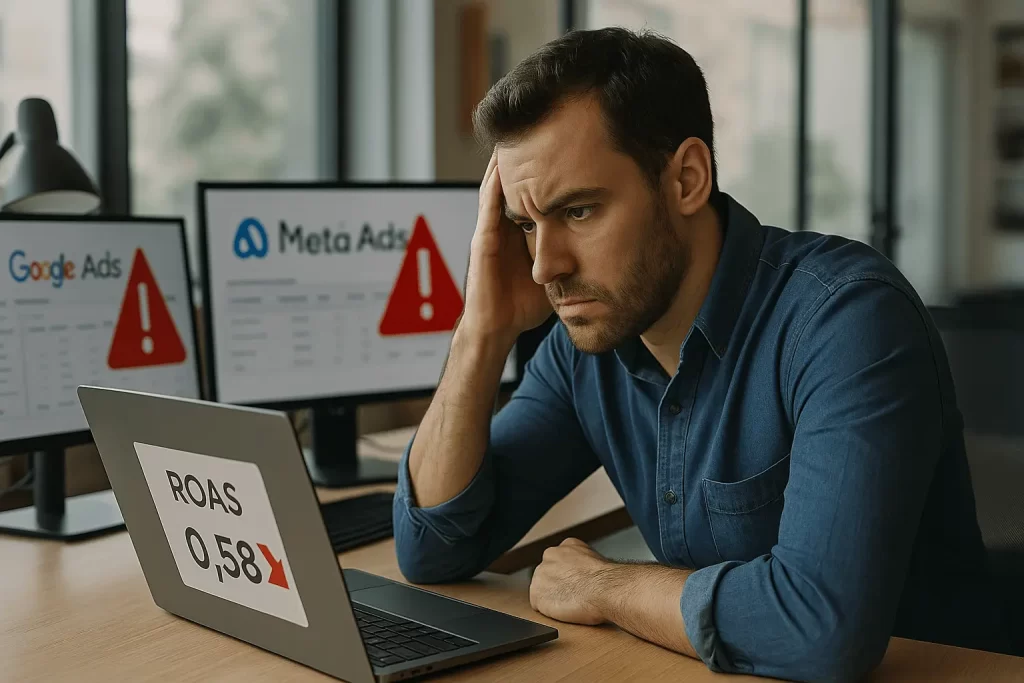 Profissional de marketing frustrado com anúncios online que não geram retorno.