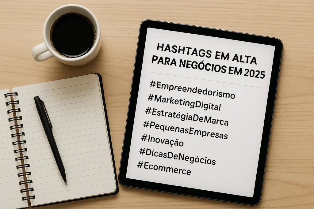 Fique por dentro das hashtags que mais geram resultados este ano. Alt text: Mesa de trabalho com lista de hashtags para negócios 2025.