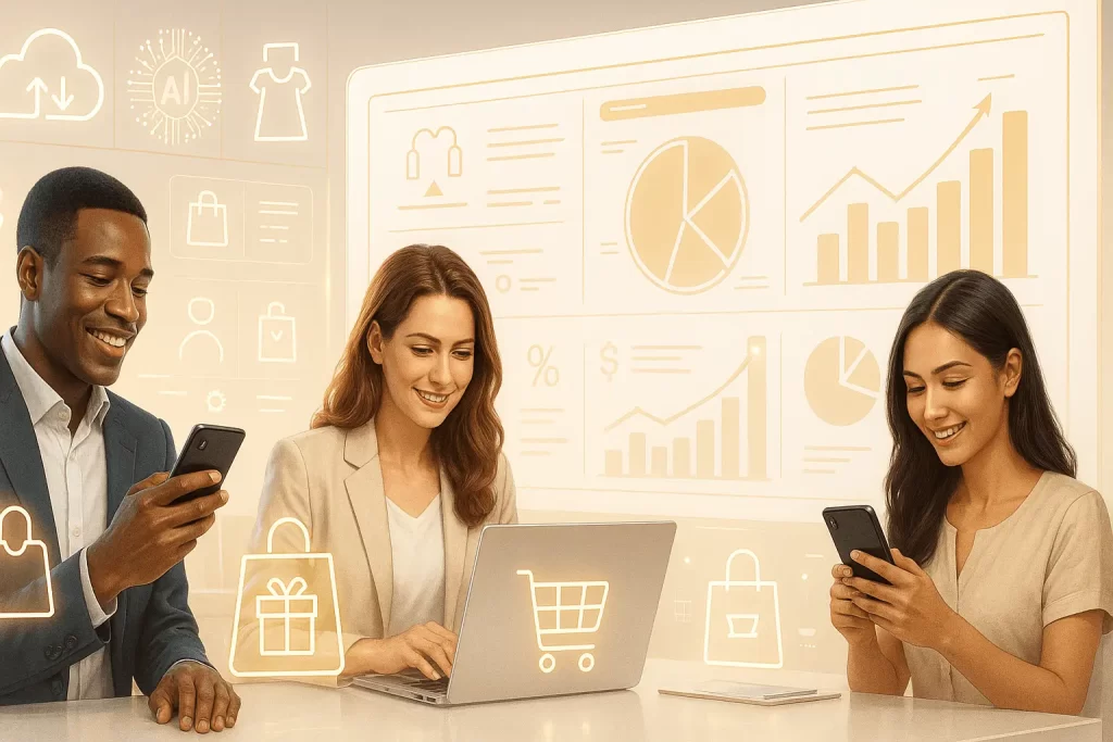 Dashboard futurístico com pessoas comprando online e gráficos de desempenho digital em ambiente tecnológico.