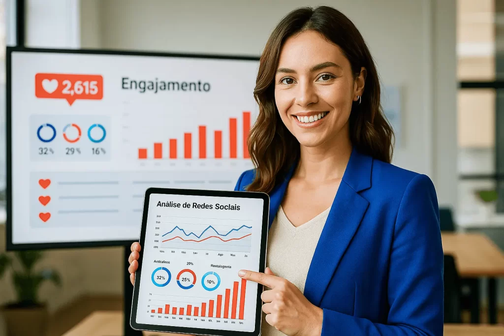 Mulher analisando gráficos de engajamento em redes sociais com tablet e painel de métricas ao fundo