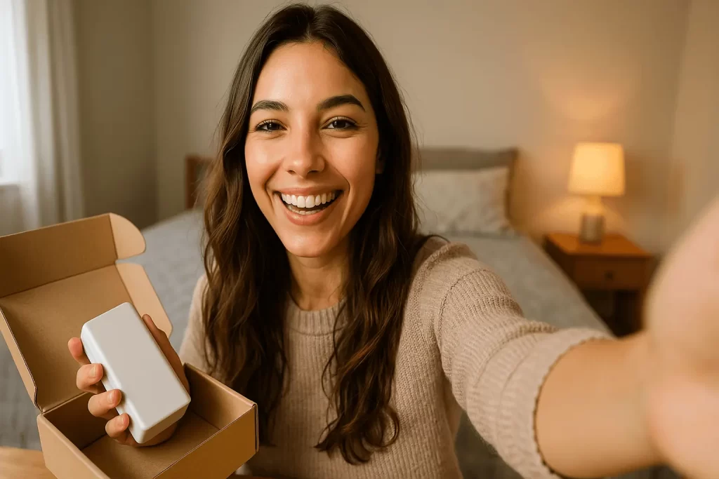 Jovem mulher criando conteúdo espontâneo enquanto usa produto