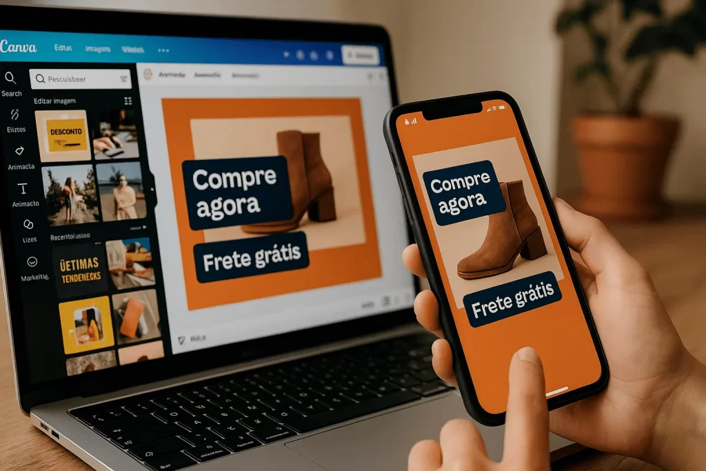 Criativo visual de baixo custo sendo montado no Canva