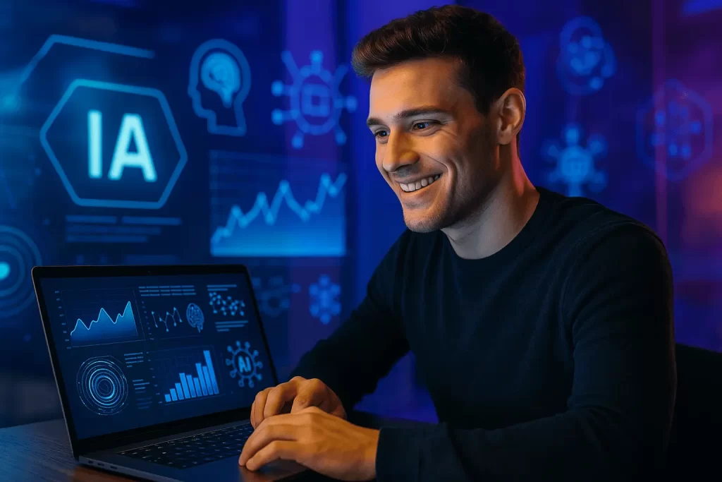 Empreendedor usando inteligência artificial para criar negócios lucrativos em 2025.