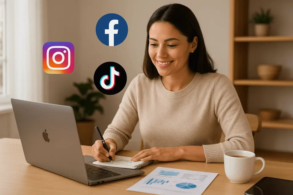 Mulher montando campanha de redes sociais com baixo orçamento