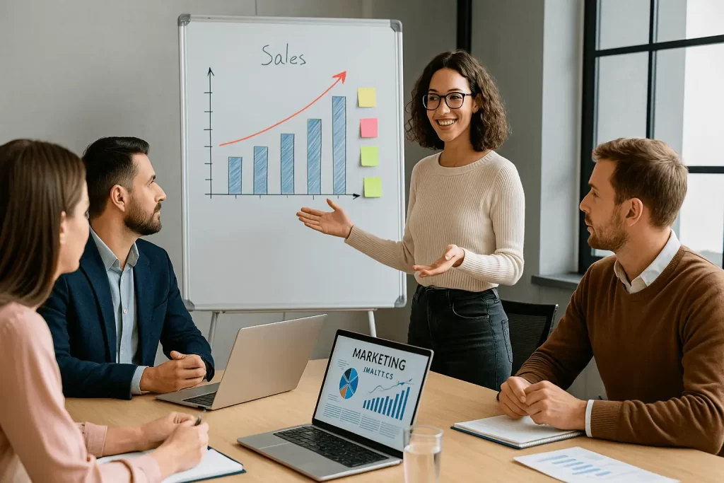 Equipe discutindo estratégias de marketing digital em reunião.