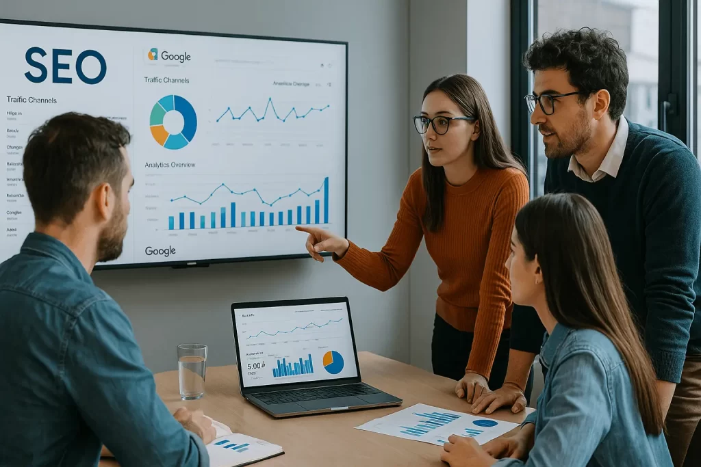 Equipe de marketing analisando relatórios de SEO no escritório.