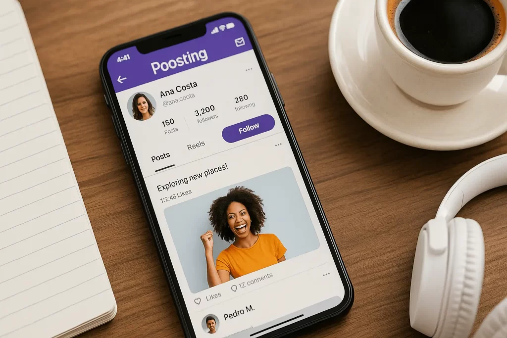Smartphone mostrando a interface da Poosting ao lado de caderno, fones e café sobre mesa de criador de conteúdo.