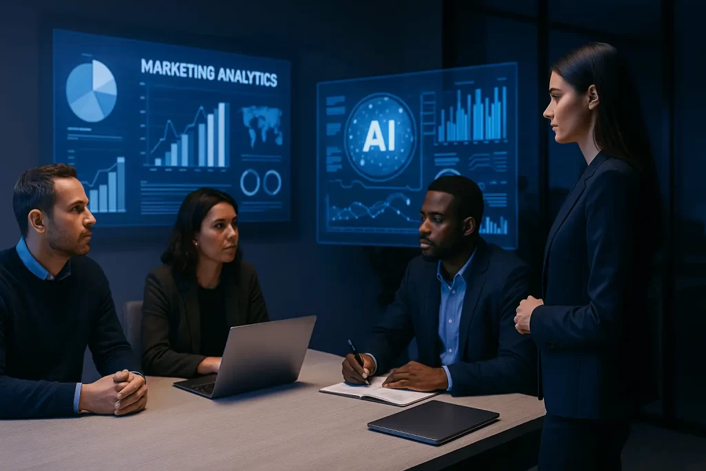 Equipe de marketing analisando dados com inteligência artificial.