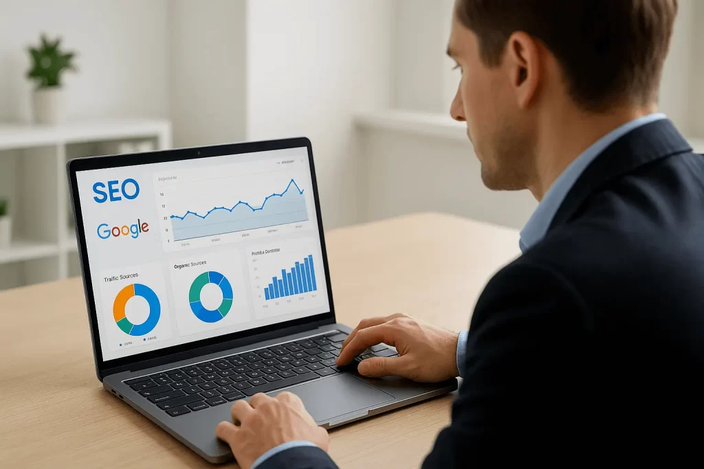 Profissional usando laptop para analisar SEO e tráfego no Google.