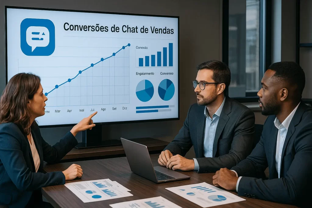 Profissionais de marketing analisando resultados de chat de vendas.