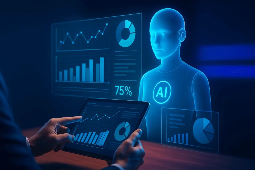 Empresário usando chatbot de IA para otimização de campanhas digitais.