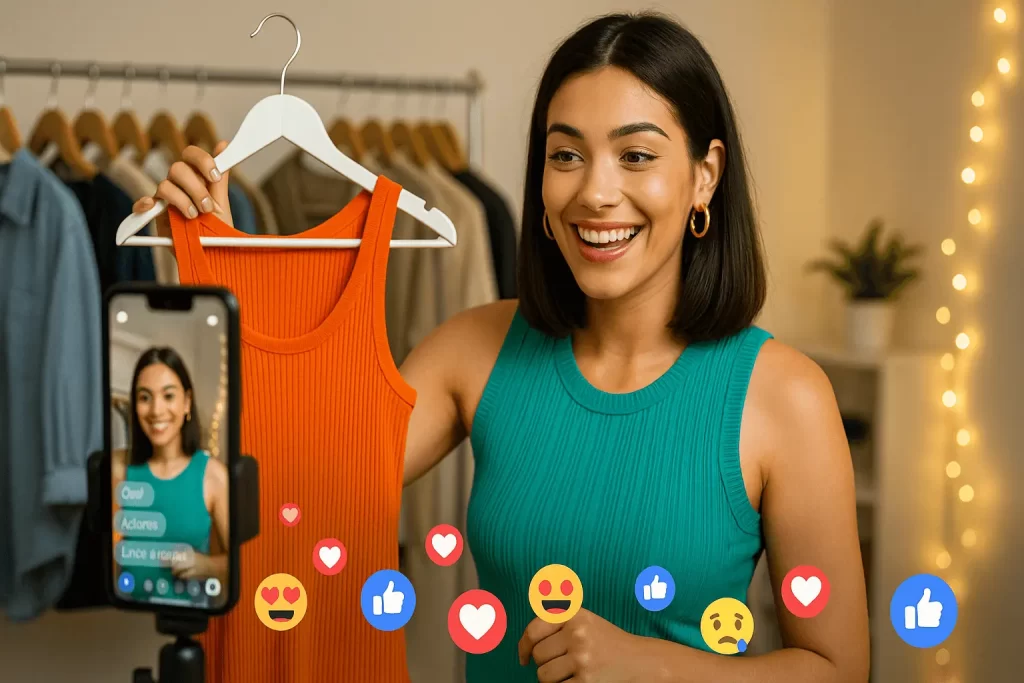 Influenciadora brasileira apresentando roupas em live shopping.