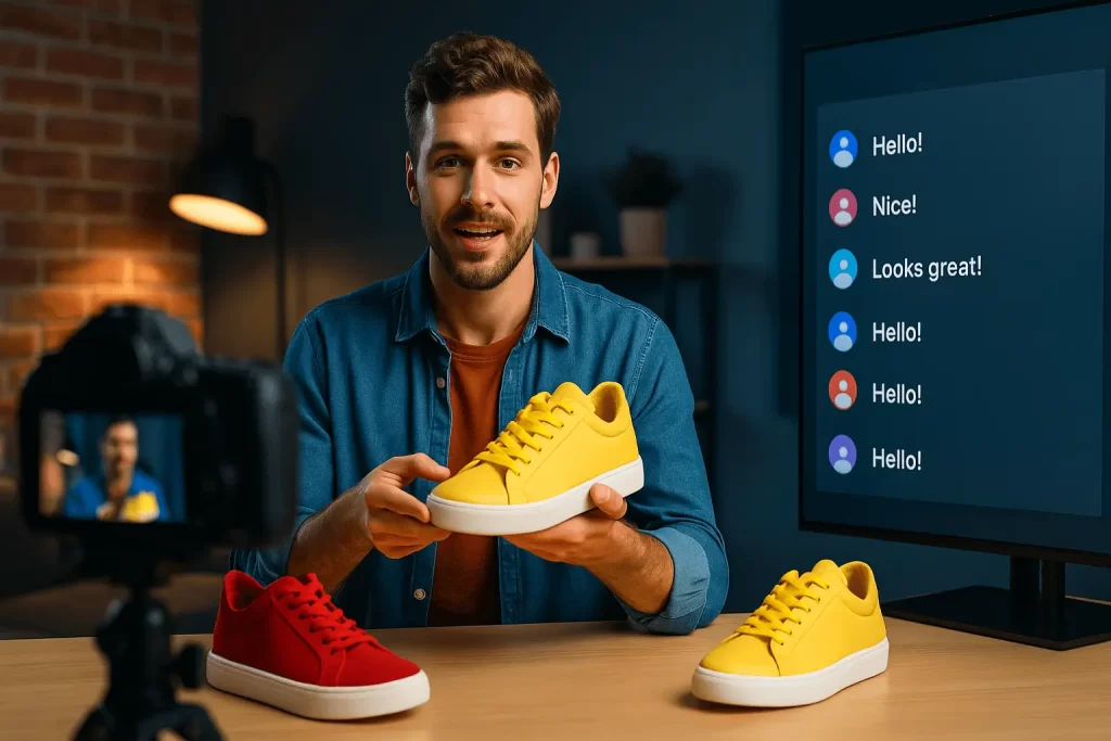 Apresentador mostrando produtos em live shopping no Brasil em 2025.