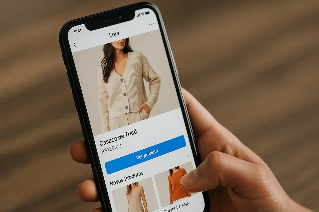 Smartphone exibindo loja no Instagram Shopping.