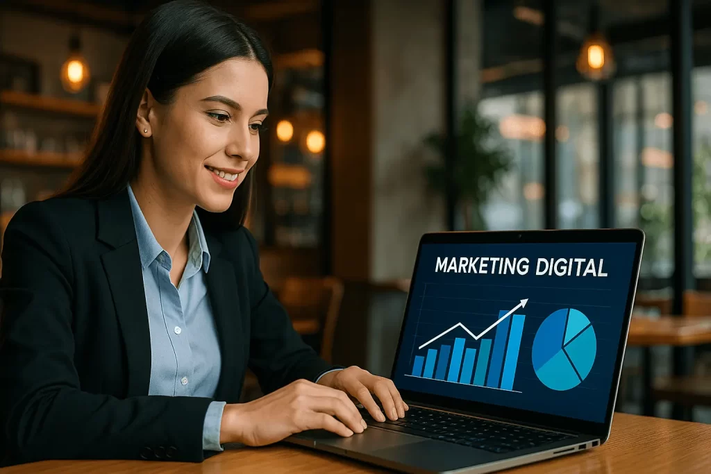 Empresário analisando estratégias de marketing digital em um notebook.