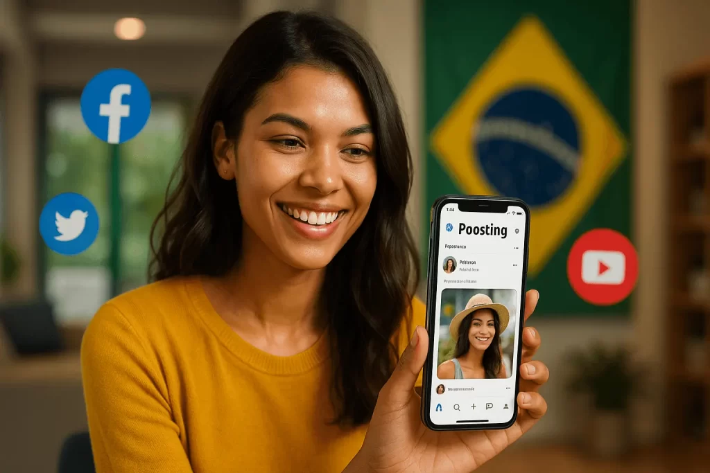 Mulher brasileira sorrindo enquanto usa a Poosting em seu celular, com bandeiras do Brasil ao fundo e ícones de redes sociais flutuando.