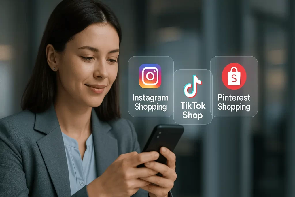 Consumidora comprando em redes sociais com ícones digitais.