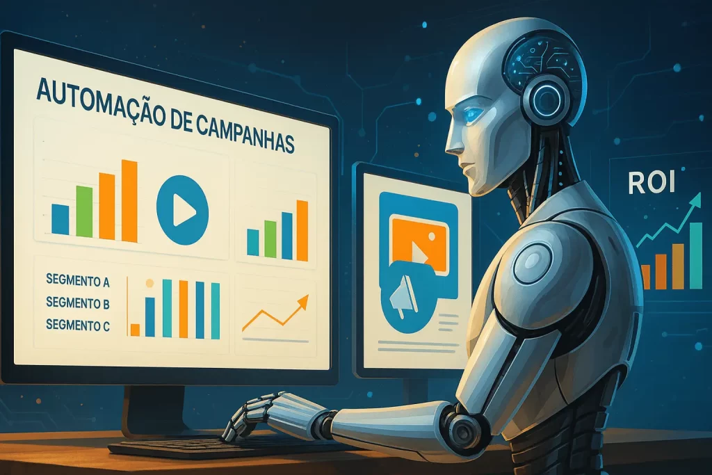Robô operando telas digitais mostrando automação de tráfego pago com inteligência artificial.