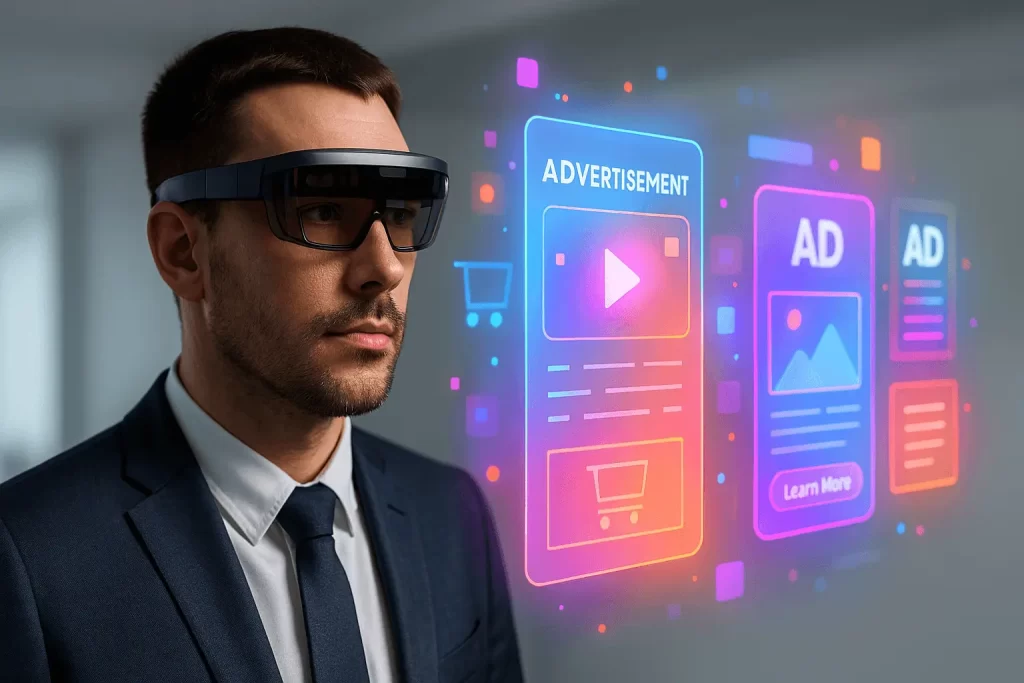 executivo interagindo com anúncios em realidade aumentada em um ambiente futurista.