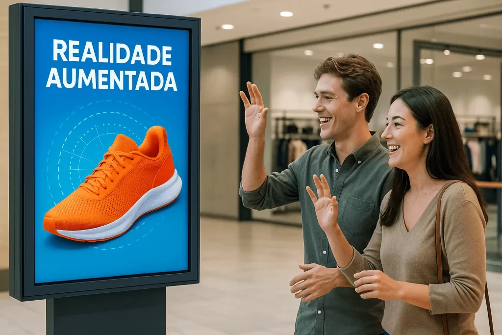 grupo de pessoas interagindo com anúncio em realidade aumentada.