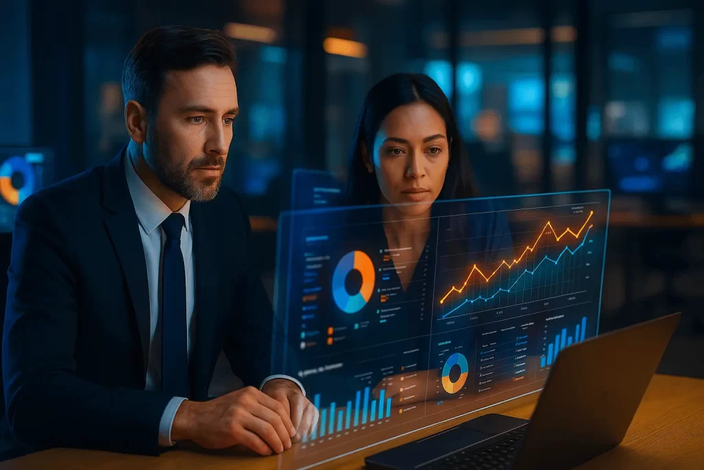 Profissionais observando dashboards com análise de dados em tempo real impulsionados por IA.