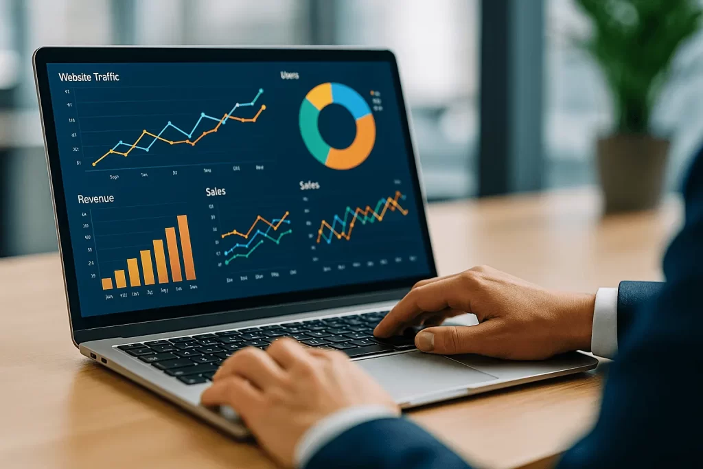 Equipe reunida em frente a tela com gráficos de crescimento.