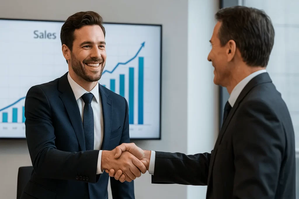 Vendedor fechando negócio após usar CRM.
