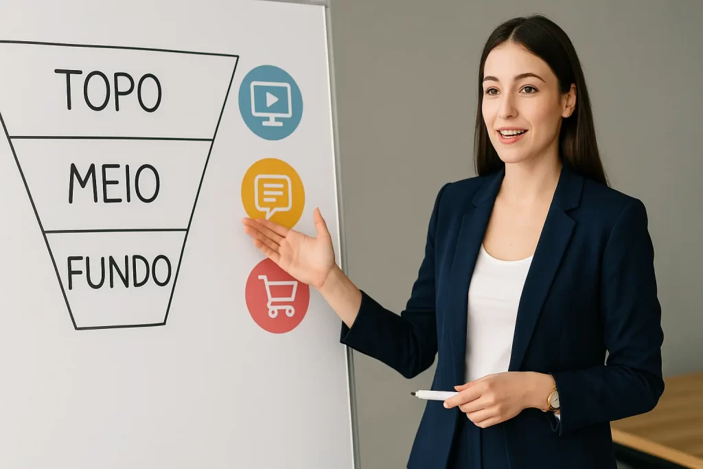 Empresária explicando branded content no funil de vendas.