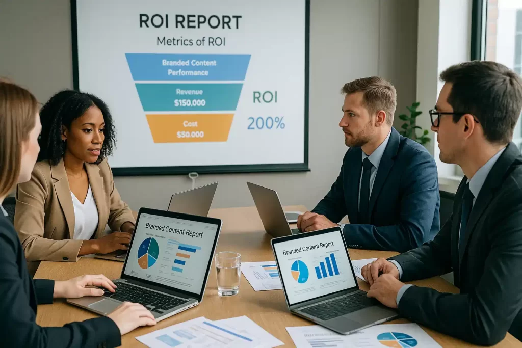 Equipe analisando ROI em branded content.