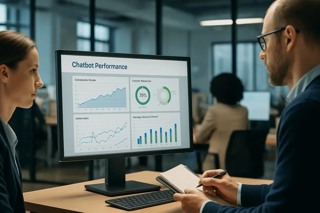 Dashboard mostrando métricas de chatbot em análise.