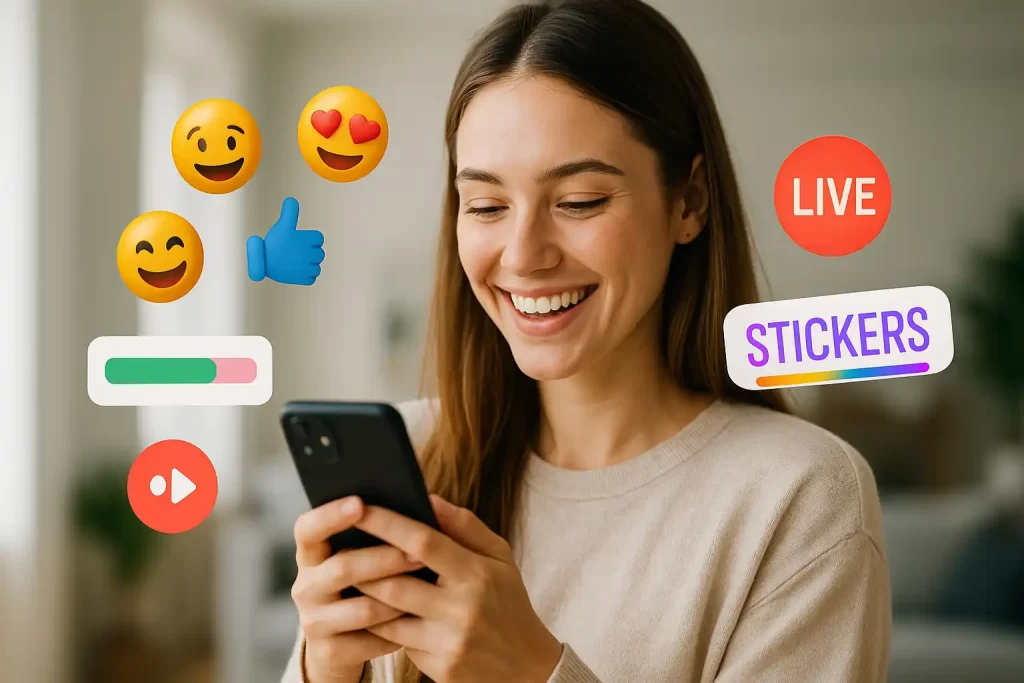 Criadora de conteúdo interagindo com enquetes, lives e stickers nas redes sociais.