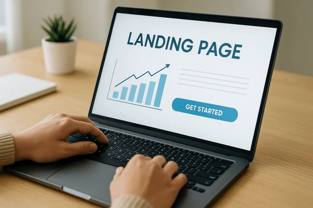 Pessoa criando landing page simples no notebook para aumentar conversões.