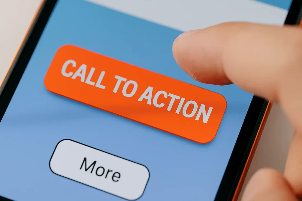 Dedo prestes a clicar em botão CTA destacado em smartphone.